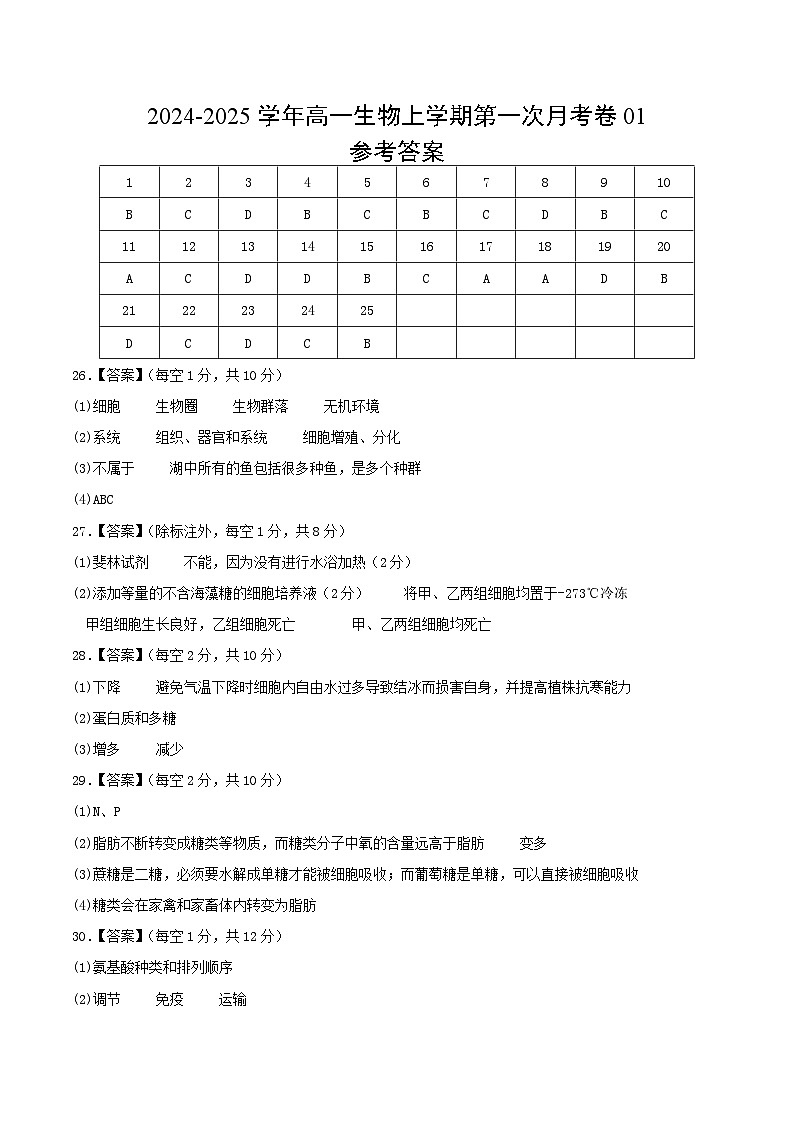 人教版2019高中生物高一上学期第一次月考卷01（1~2章）含答案解析01