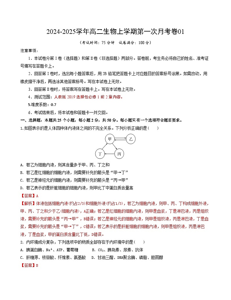 高二生物第一次月考卷01（全解全析）第1页