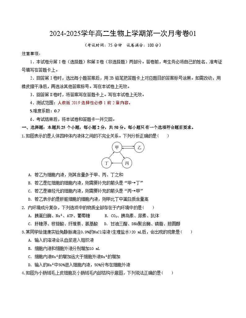 高二生物第一次月考卷01（A4考试版）【测试范围：第1-2章】（人教版2019）第1页