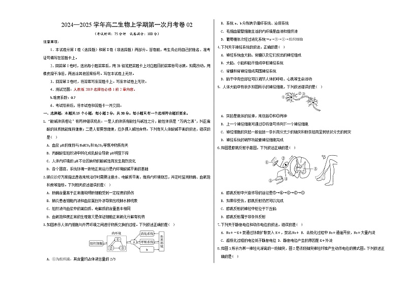 人教版2019高中生物高二上学期第一次月考卷02（1~2章）含答案解析01