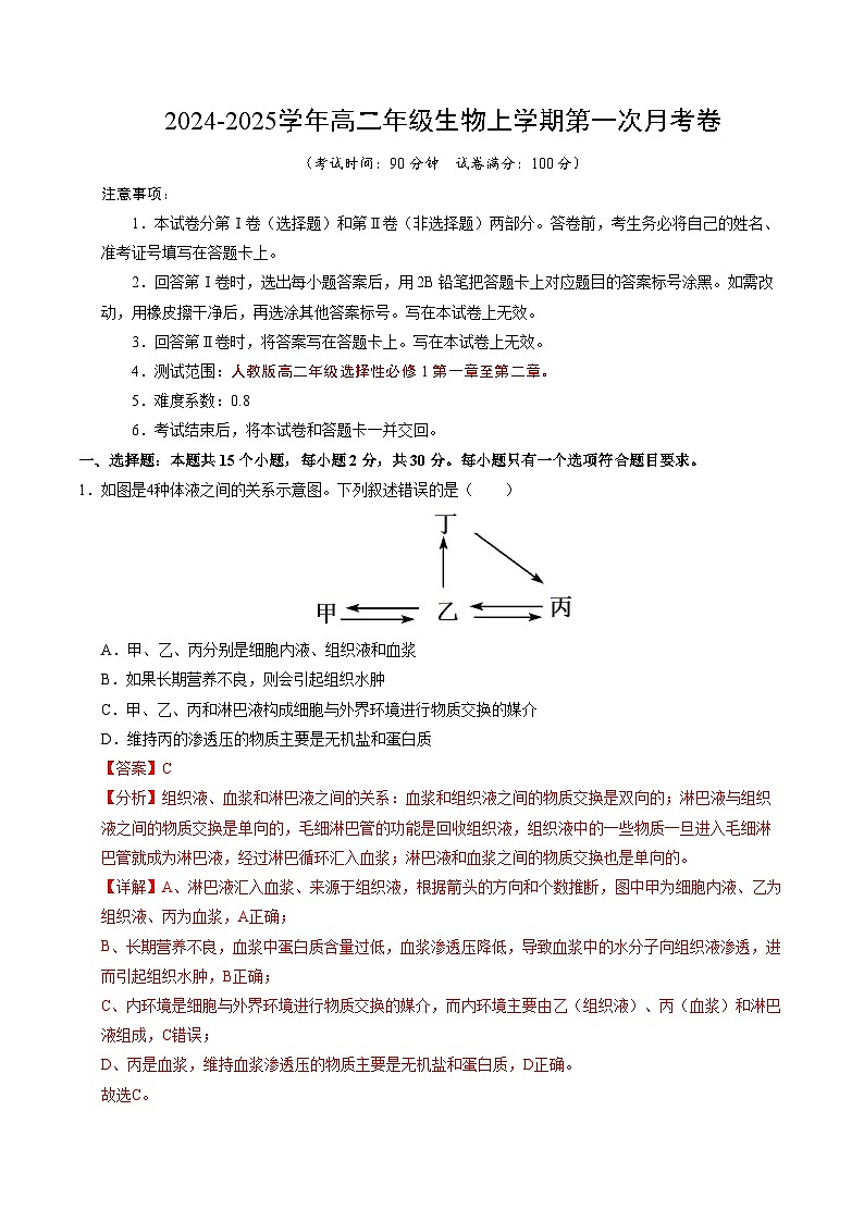 高二生物第一次月考卷（全解全析）（北京专用）第1页
