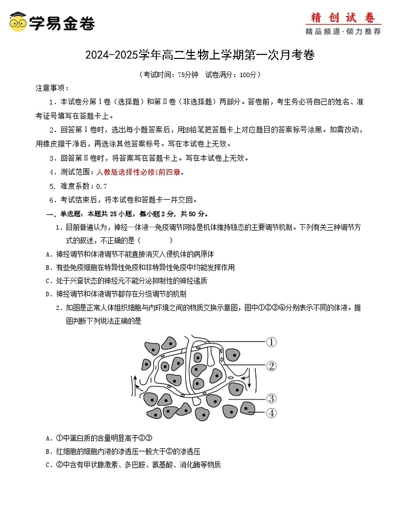 新八省通用高中生物高二上学期第一次月考卷（人教版2019，1~4章）含答案解析01