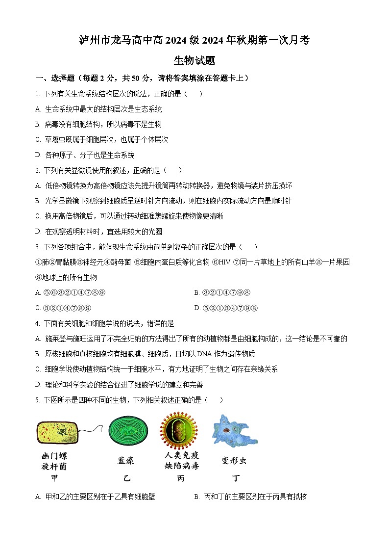 四川省泸州市龙马高中2024-2025学年高一上学期第一次月考生物试题（原卷版）第1页