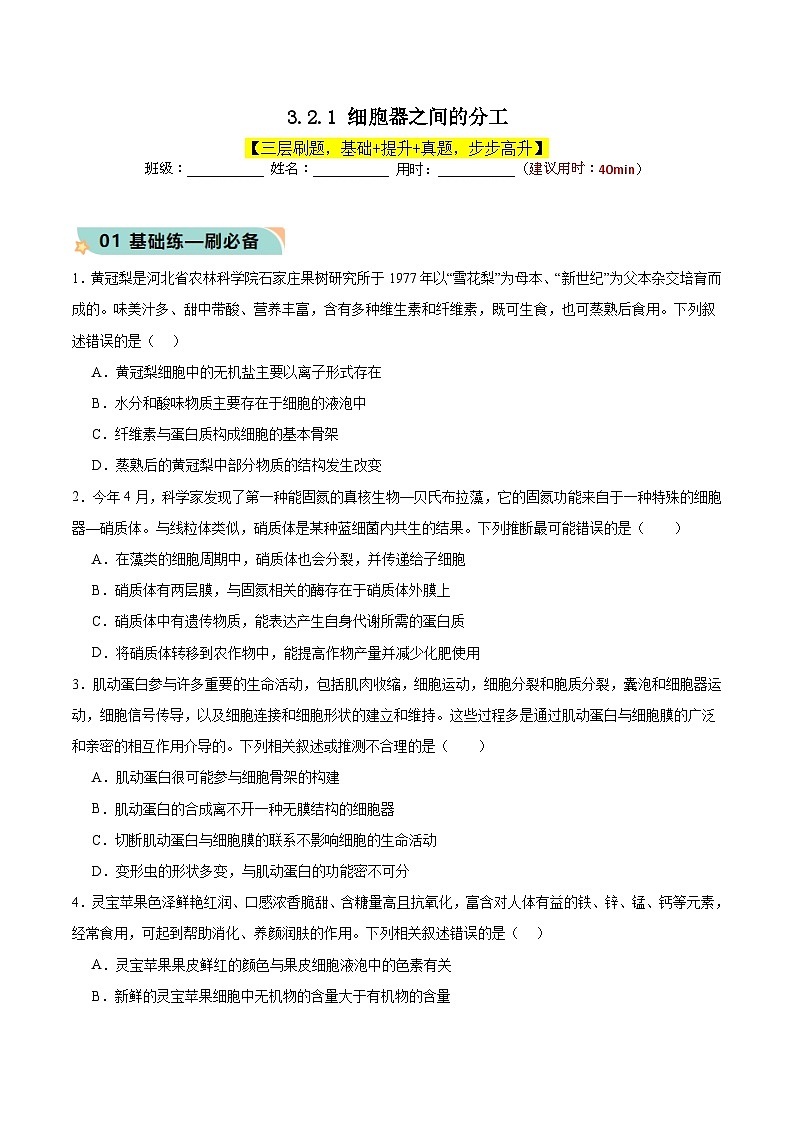 3.2.1 细胞器之间的分工（原卷版）第1页