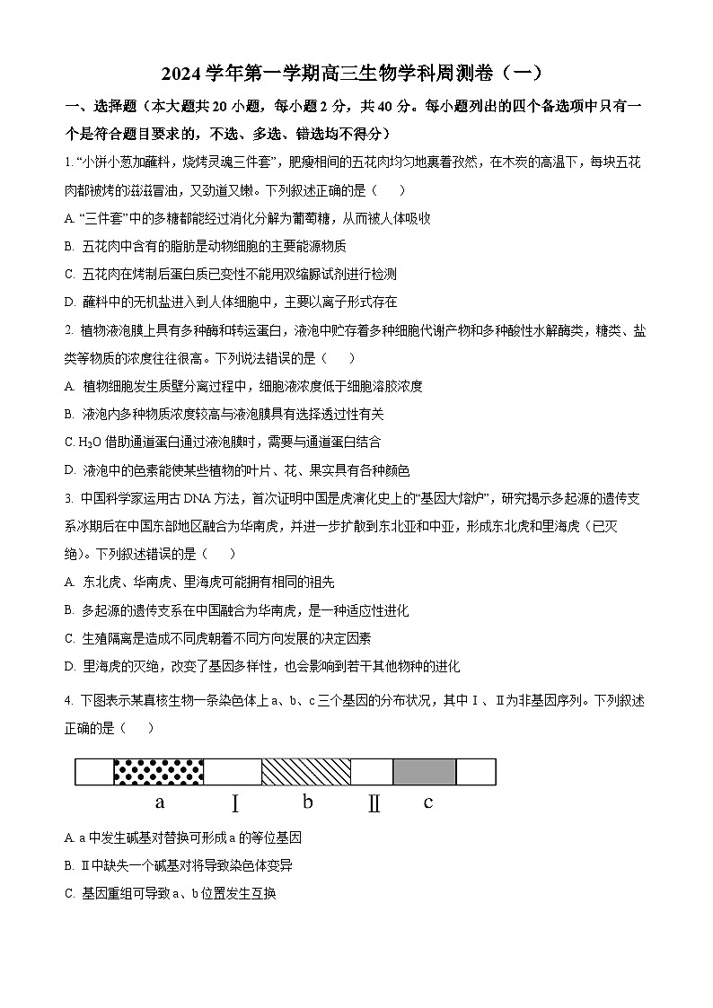 浙江省杭州市学军中学2024-2025学年高三上学期9月月考生物试题 Word版无答案第1页