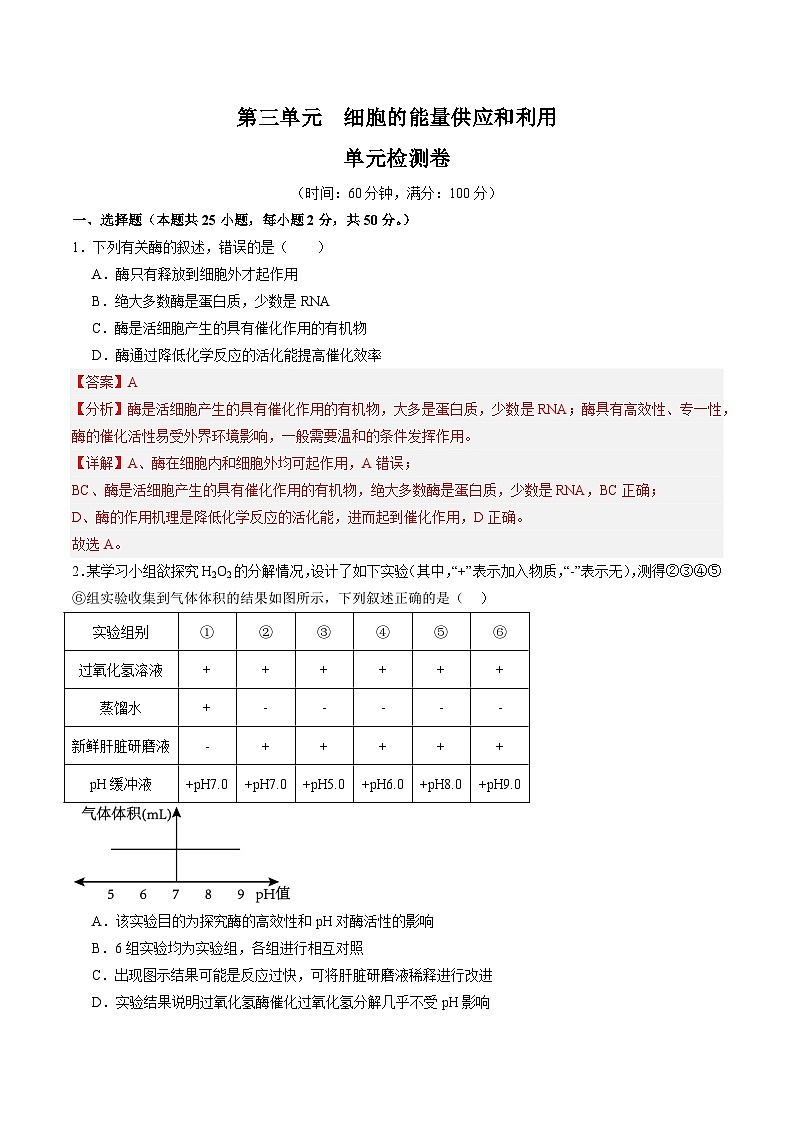 单元检测卷03   细胞的能量供应和利用（解析版）第1页