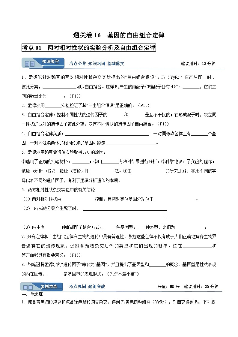 考点通关卷16 基因的自由组合定律（原卷版）第1页