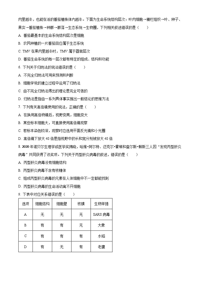 陕西省榆林市府谷中学2024-2025学年高一上学期第一次月考生物试题（原卷版）第2页