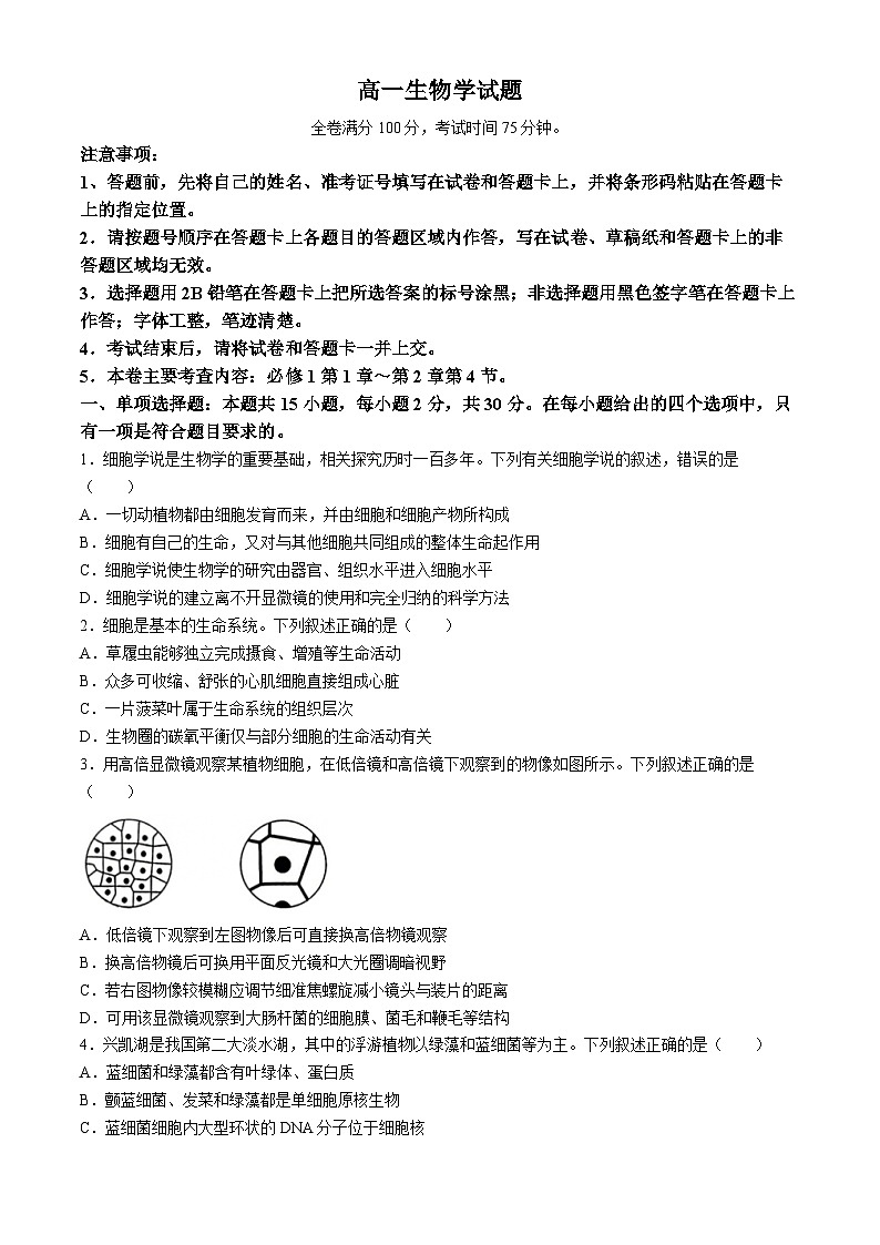 吉林市吉化第一高级中学校2024-2025学年高一上学期9月月考生物试题(无答案)01