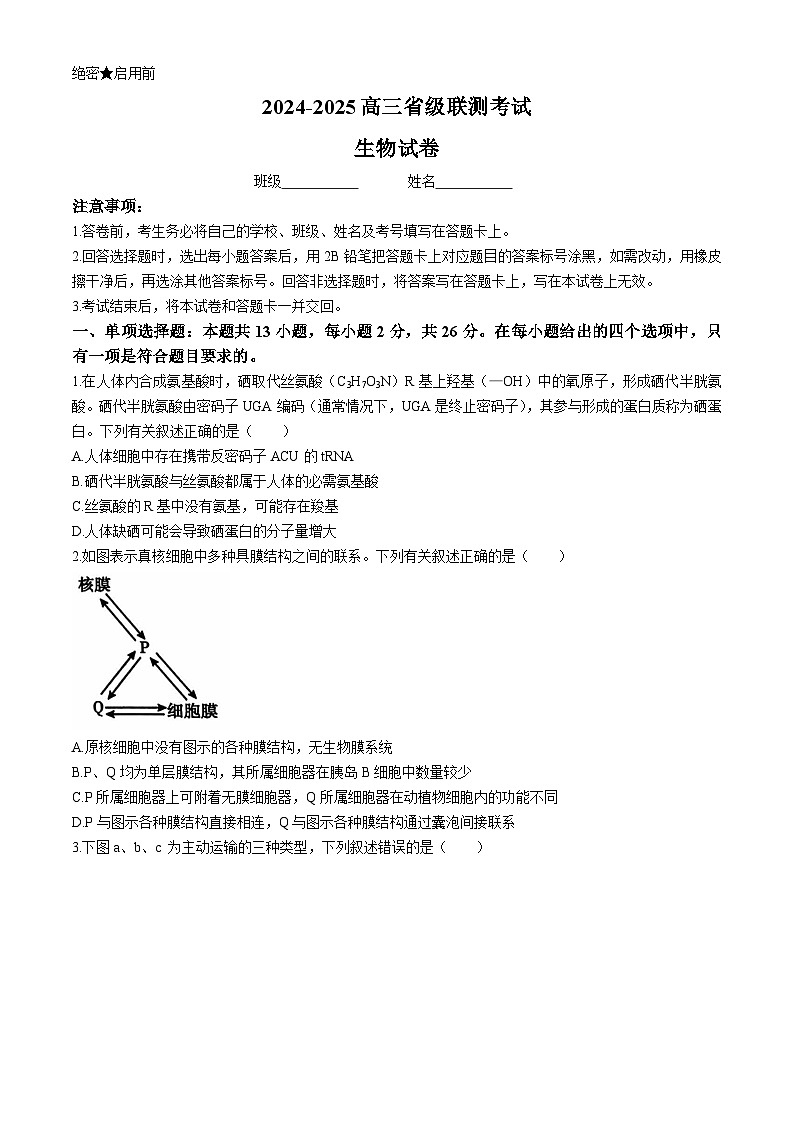 河北省沧州市泊头市第一中学2024-2025学年高三上学期9月月考生物试题第1页