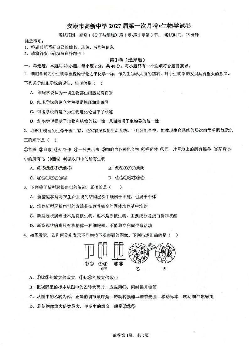 陕西省安康市高新中学2024-2025学年高一上学期9月第一次月考生物试题01