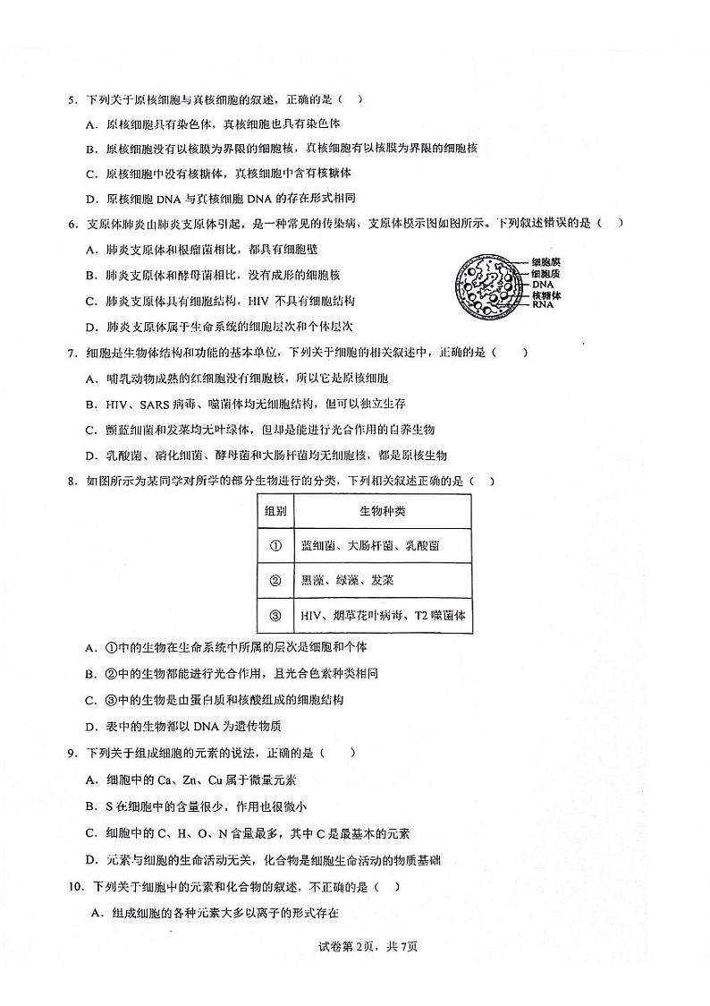 陕西省安康市高新中学2024-2025学年高一上学期9月第一次月考生物试题02