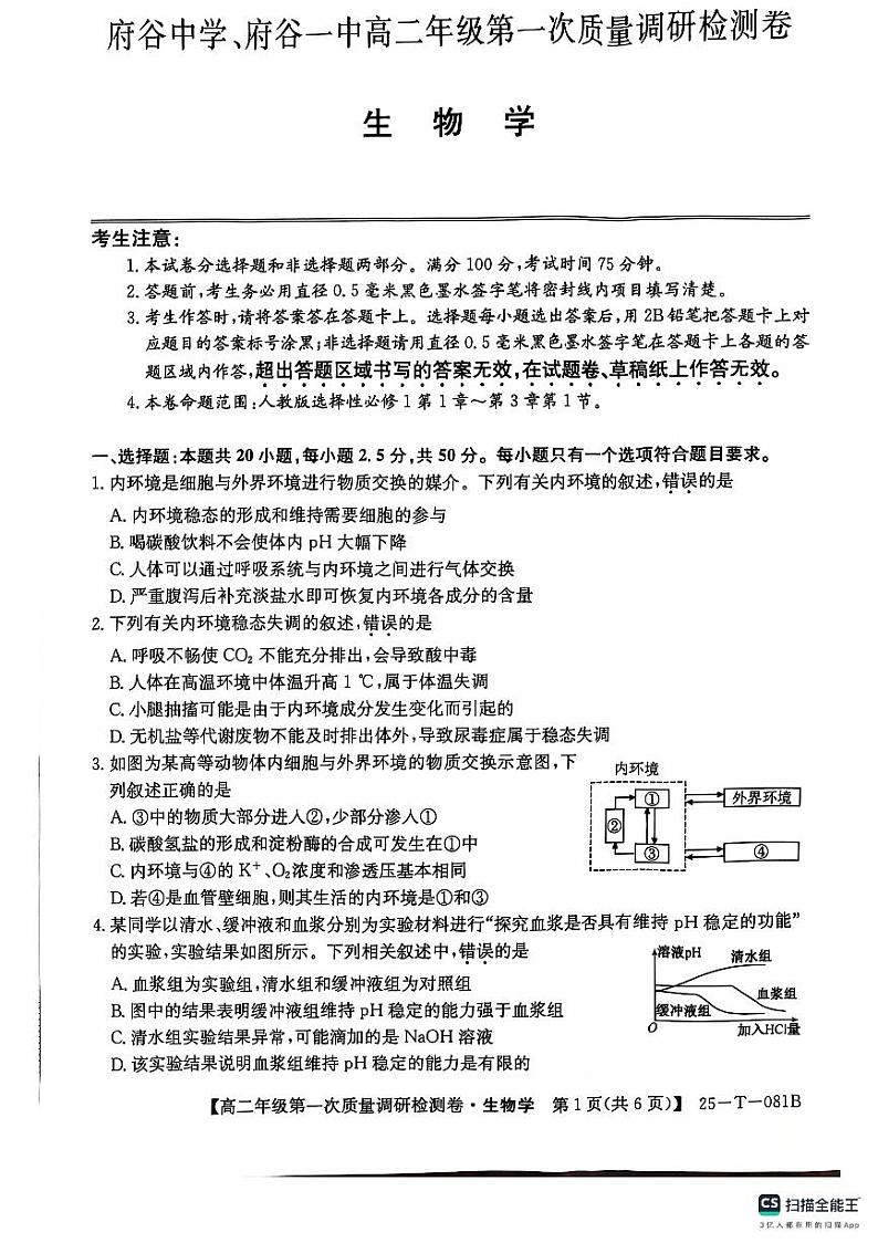 陕西省榆林市府谷县府谷中学、府谷一中2024-2025学年高二上学期9月月考生物试题01
