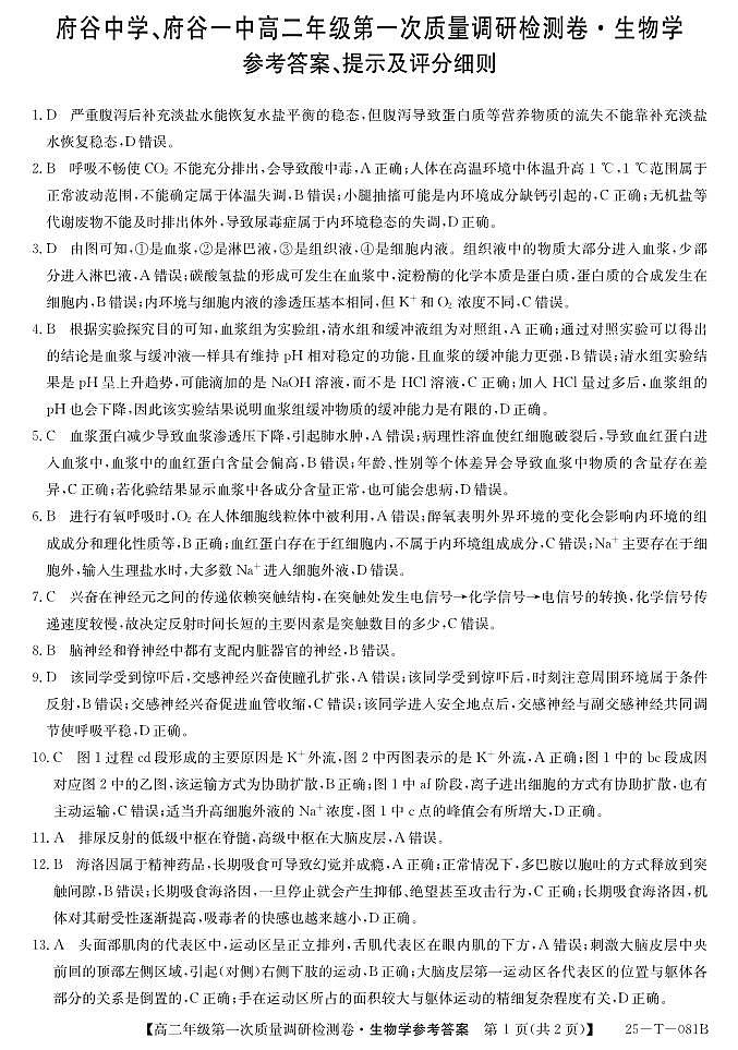 陕西省榆林市府谷县府谷中学、府谷一中2024-2025学年高二上学期9月月考生物试题01