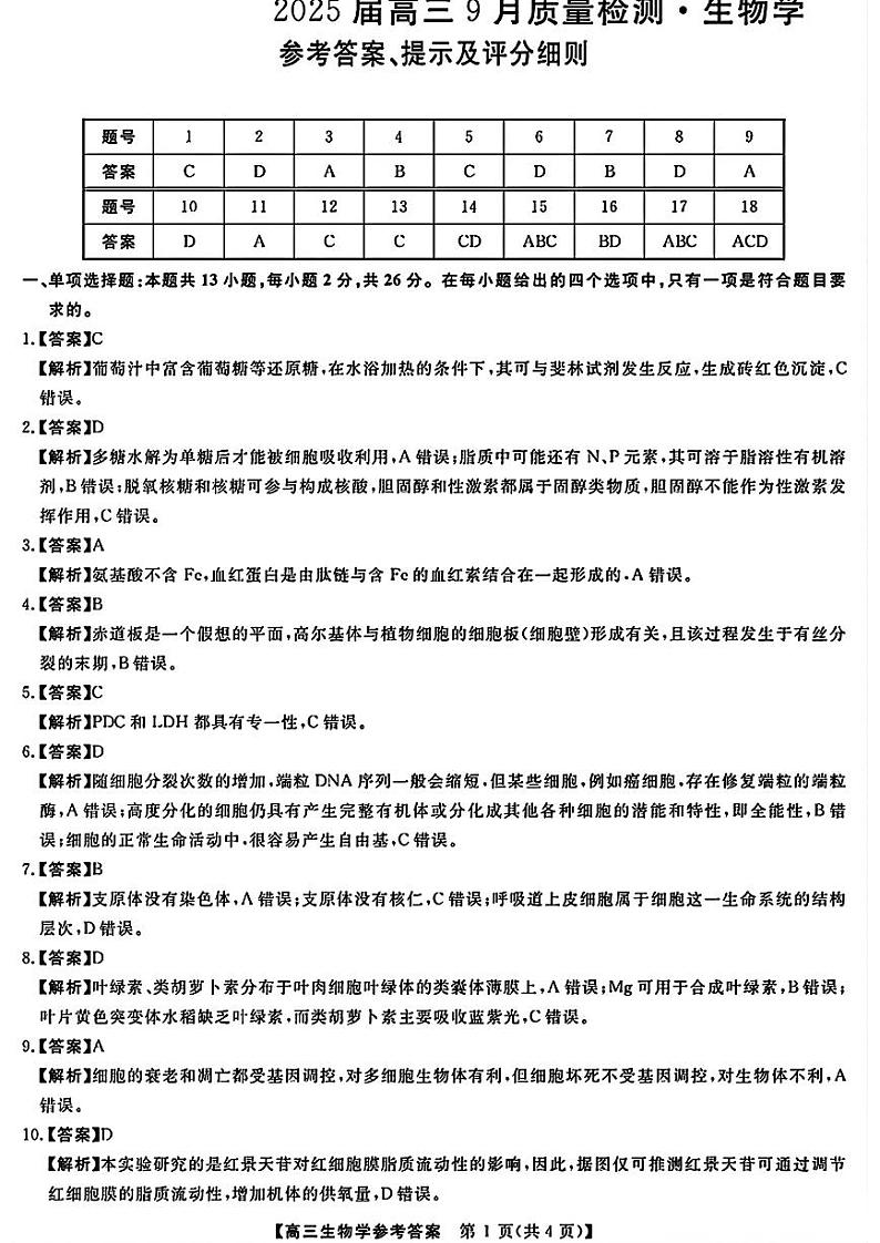 金科大联考·2025届高三9月质量检测 生物答案第1页