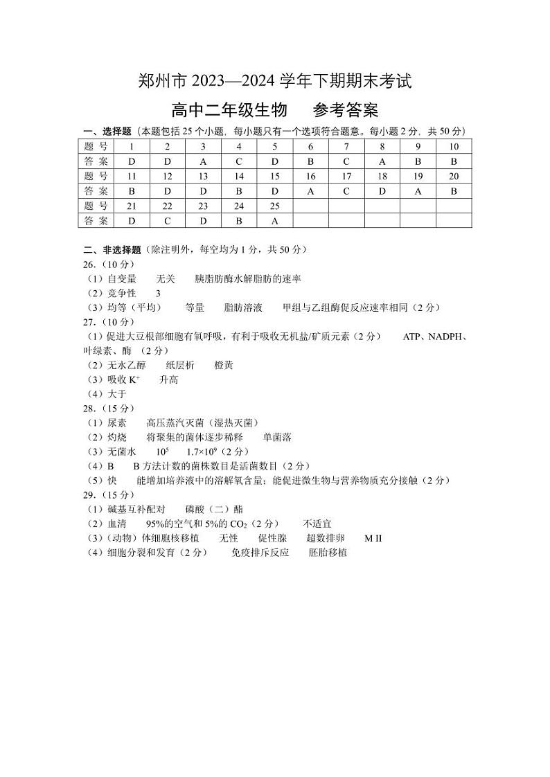 河南省郑州市2023-2024学年高二下学期期末考试+生物答案第1页