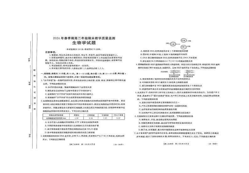 贵港2024年春季期高二年级期末教学质量监测+生物试卷（含答案）01