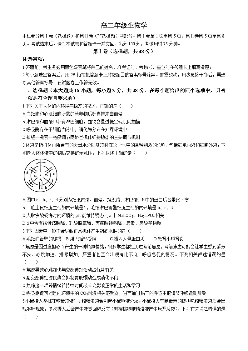 云南省文山州2024-2025学年高二上学期月考生物试题第1页