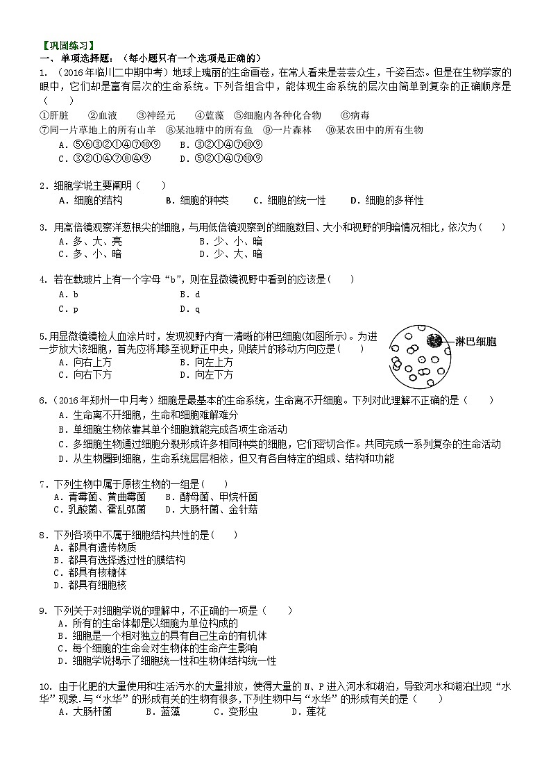 人教版高中生物必修一第一讲走进细胞学同步练习第1页