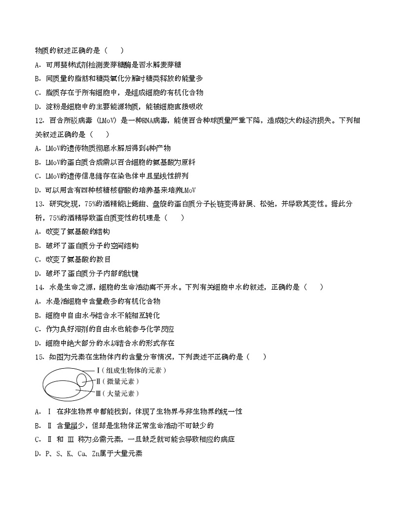 第一次月考A卷（人教版2019）2023-2024学年高一生物上学期第一次月考03