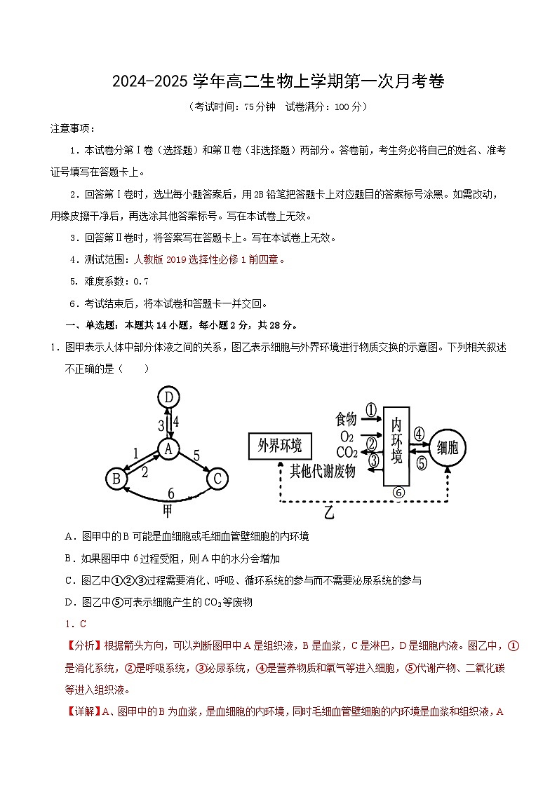 高二生物第一次月考卷（江苏专用，1~4章）2024-2025学年高中上学期第一次月考01