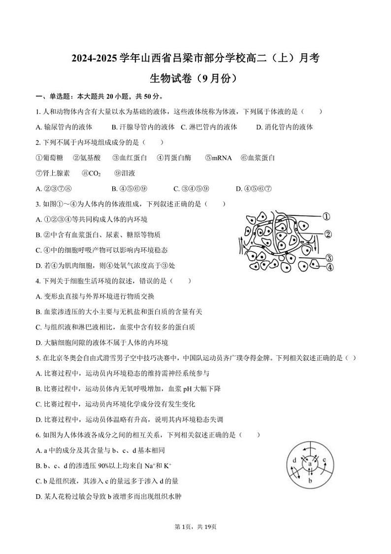 [生物]2024～2025学年山西省吕梁市部分学校高二(上)月考试卷(9月份)(有解析)第1页