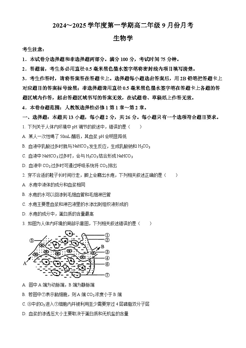 河北省沧州市2024-2025学年高二上学期9月月考生物试题（Word版附解析）01