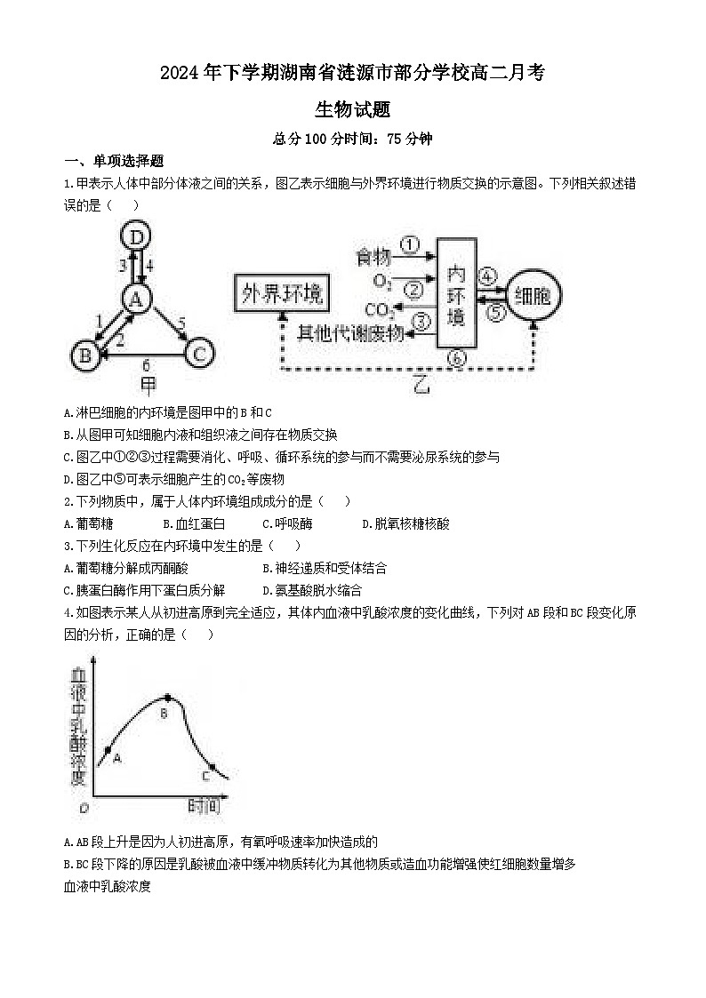湖南省涟源市部分学校2024—2025学年高二上学期9月考试生物试题(无答案)第1页