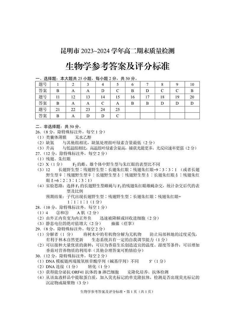 云南省昆明市2023-2024学年高二下学期期末质量检测考试+生物试卷答案第1页