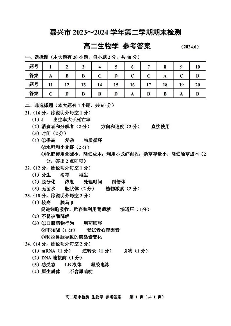 嘉兴市2023-2024学年高二第二学期期末测试+生物试卷答案第1页