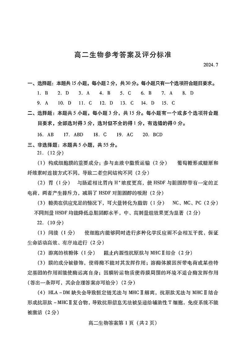 山东省潍坊市2023-2024学年高二下学期期末测试+生物试卷答案第1页