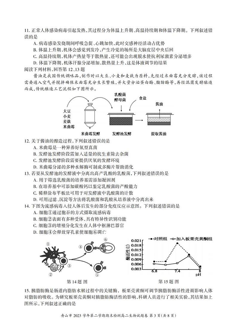 舟山市2023-2024学年高二第二学期期末检测+生物试卷（含答案）03