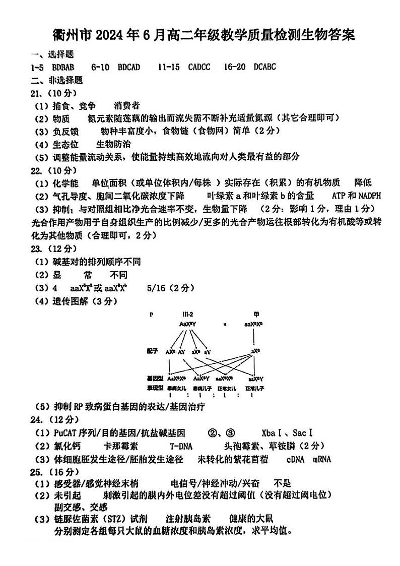 衢州市2024年6月高二第二学期期末教学质量检测+生物试卷（含答案）01