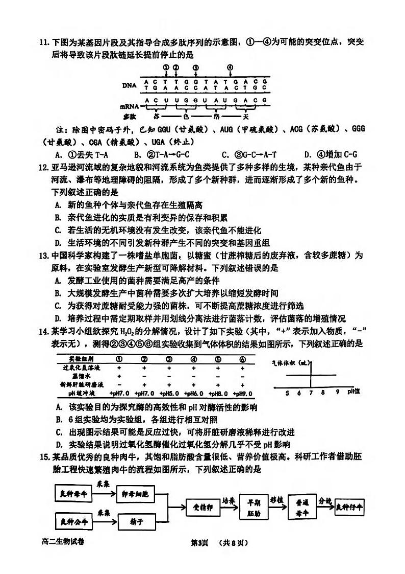 衢州市2024年6月高二第二学期期末教学质量检测+生物试卷（含答案）03