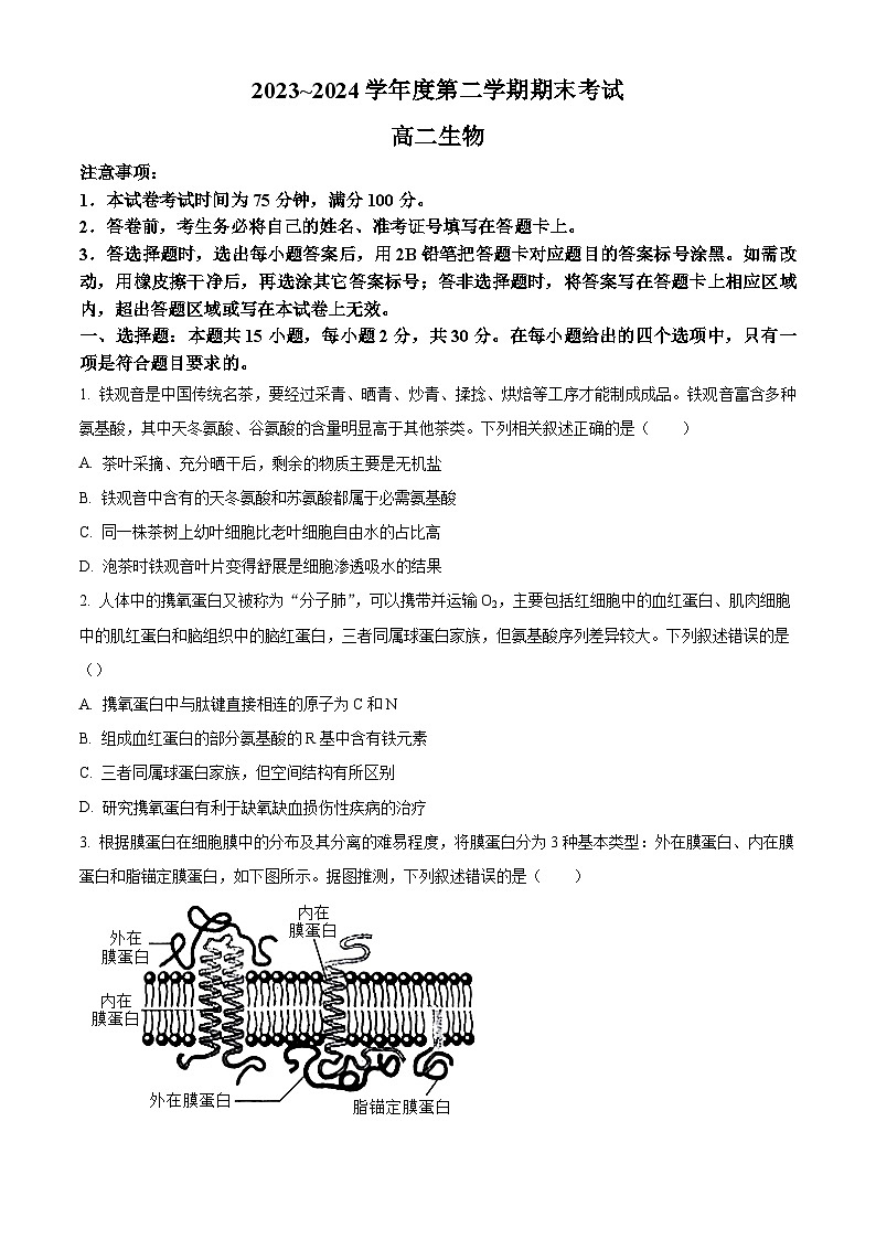 辽宁省锦州市2023-2024学年高二下学期期末考试+生物试卷（含答案）01
