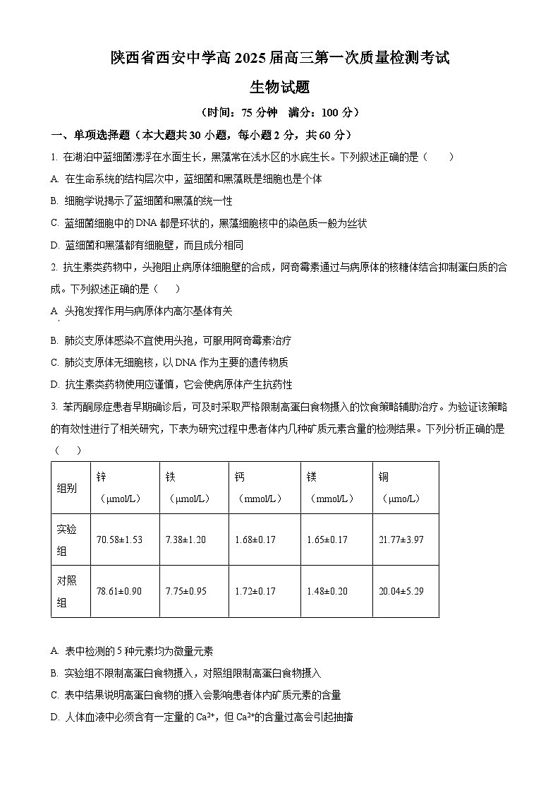 陕西省西安中学2024-2025学年高三上学期10月月考生物试题第1页