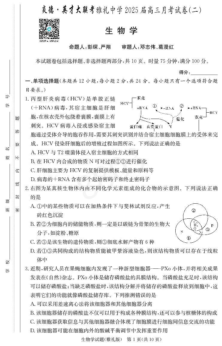 2024雅礼高三第二次月考生物试卷第1页