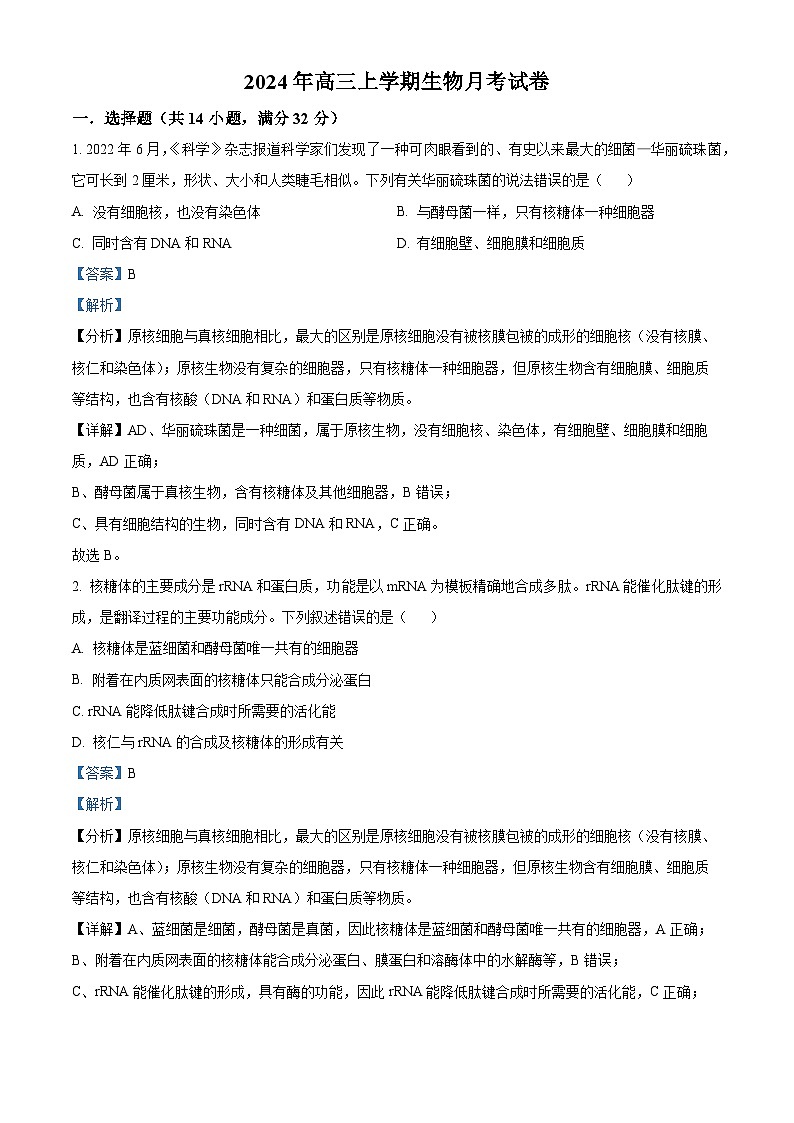 湖南省临湘市2025届高三上学期9月月考生物试题 Word版含解析第1页
