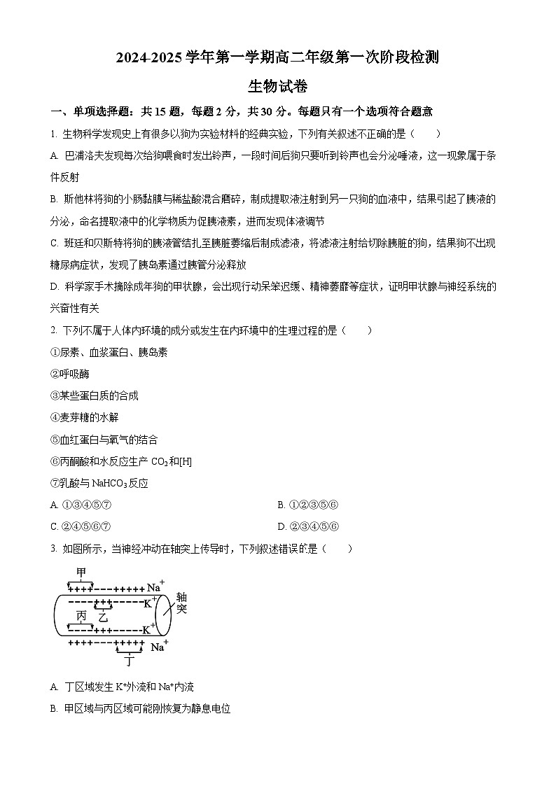 江苏省连云港市连云区连云港高级中学2024-2025学年高二上学期9月月考生物试题  Word版无答案第1页