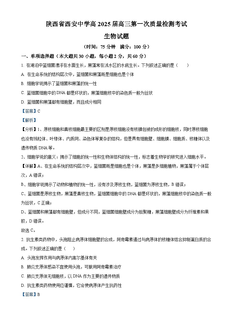 陕西省西安市西安中学2024-2025学年高三上学期10月月考生物试题  Word版含解析第1页