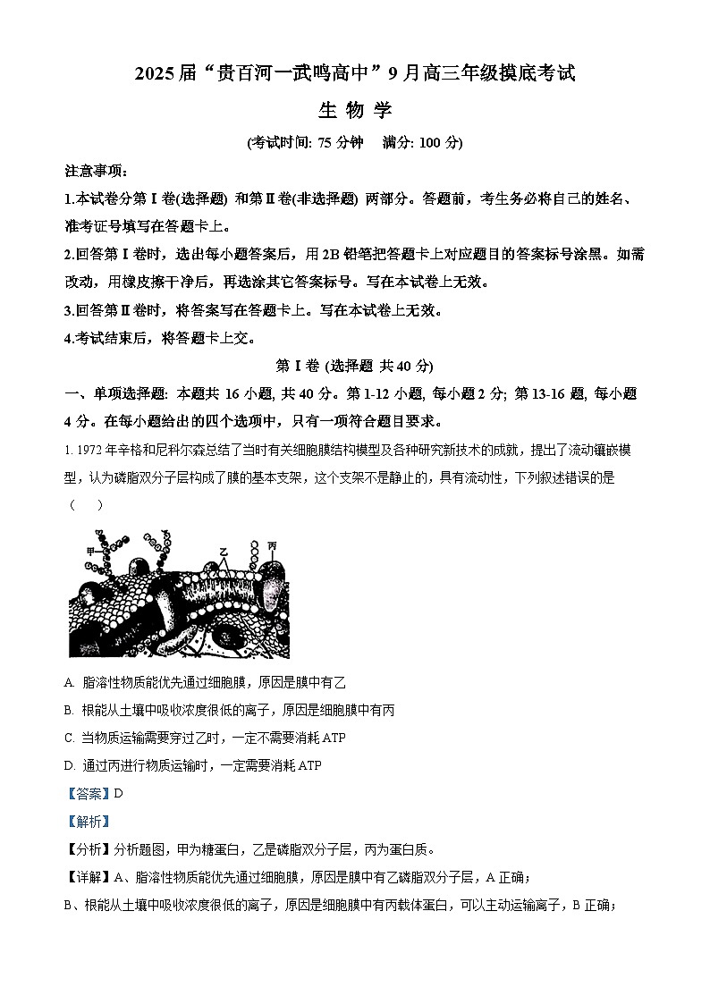 精品解析：广西壮族自治区河池市八校协作体2025届高三一模考试生物试题（解析版）第1页