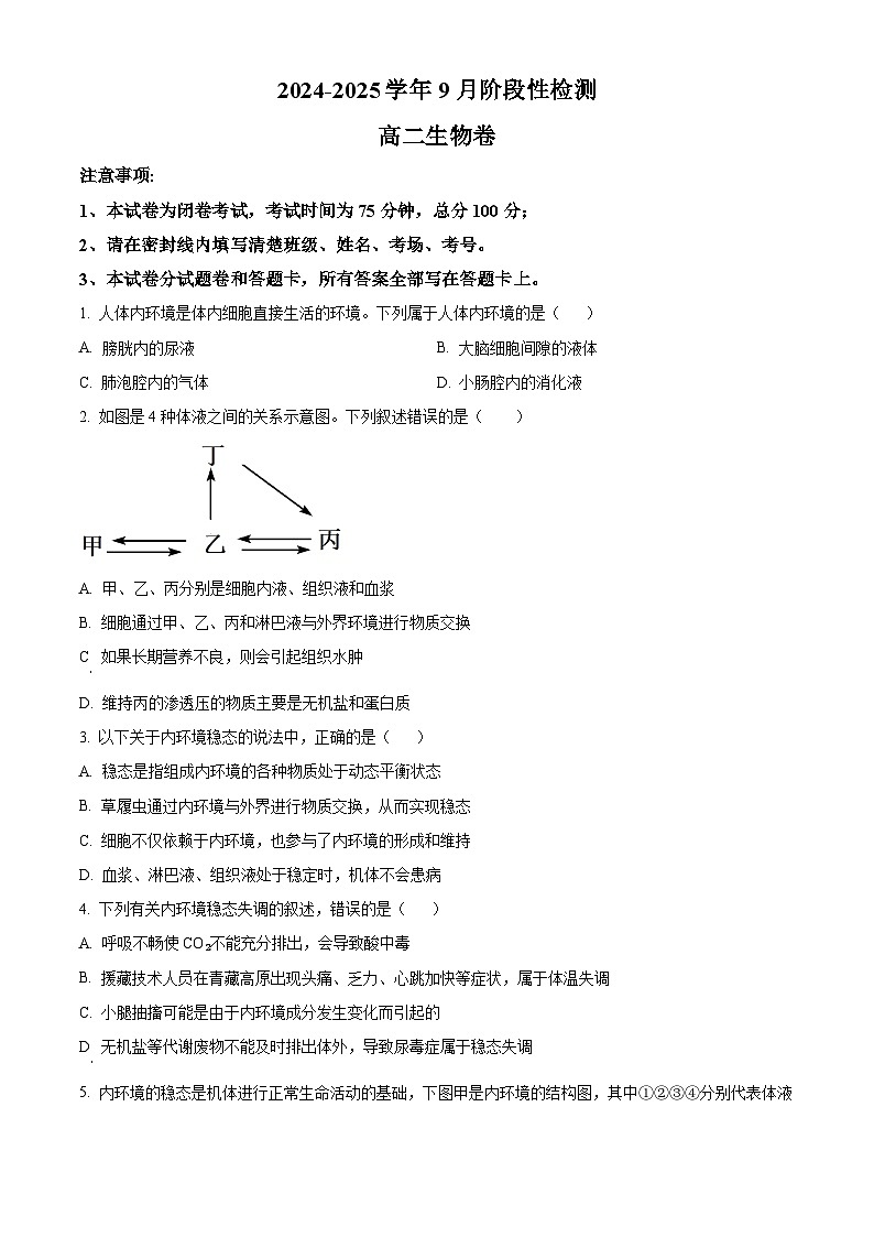 河南省郑州市2024-2025学年高二上学期9月月考生物试题  Word版无答案第1页