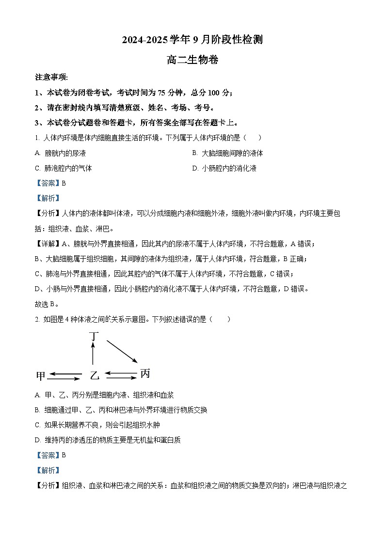 河南省郑州市2024-2025学年高二上学期9月月考生物试题  Word版含解析第1页