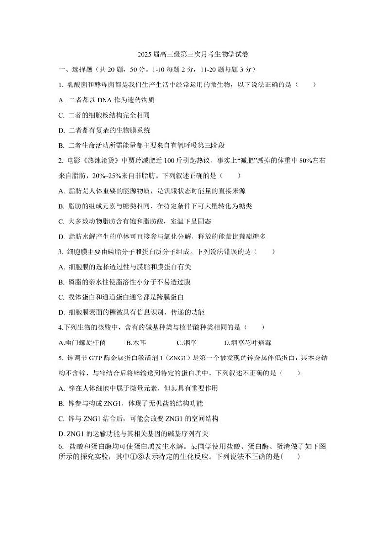 [生物]甘肃省天水市第二中学2024～2025学年高三上学期10月月考试题(有答案)第1页