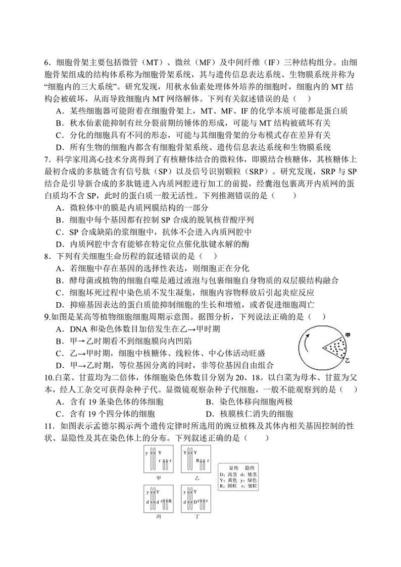 [生物]江苏省扬州市广陵区江苏省扬州中学2024～2025学年高三上学期10月月考试题(有答案)02
