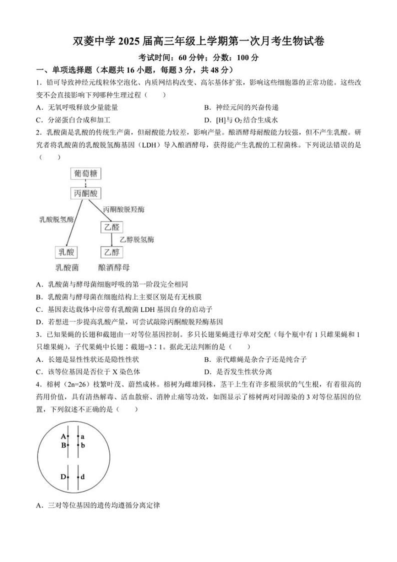 [生物]天津市和平区双菱中学2024～2025学年高三上学期10月第一次月考试题(有答案)第1页