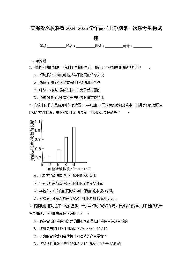 青海省名校联盟2024-2025学年高三上学期第一次联考生物试题01