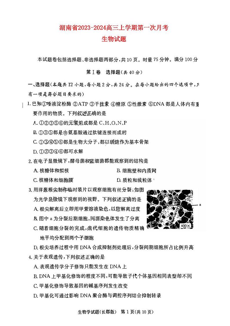 湖南省2023_2024高三生物上学期第一次月考试题试题01