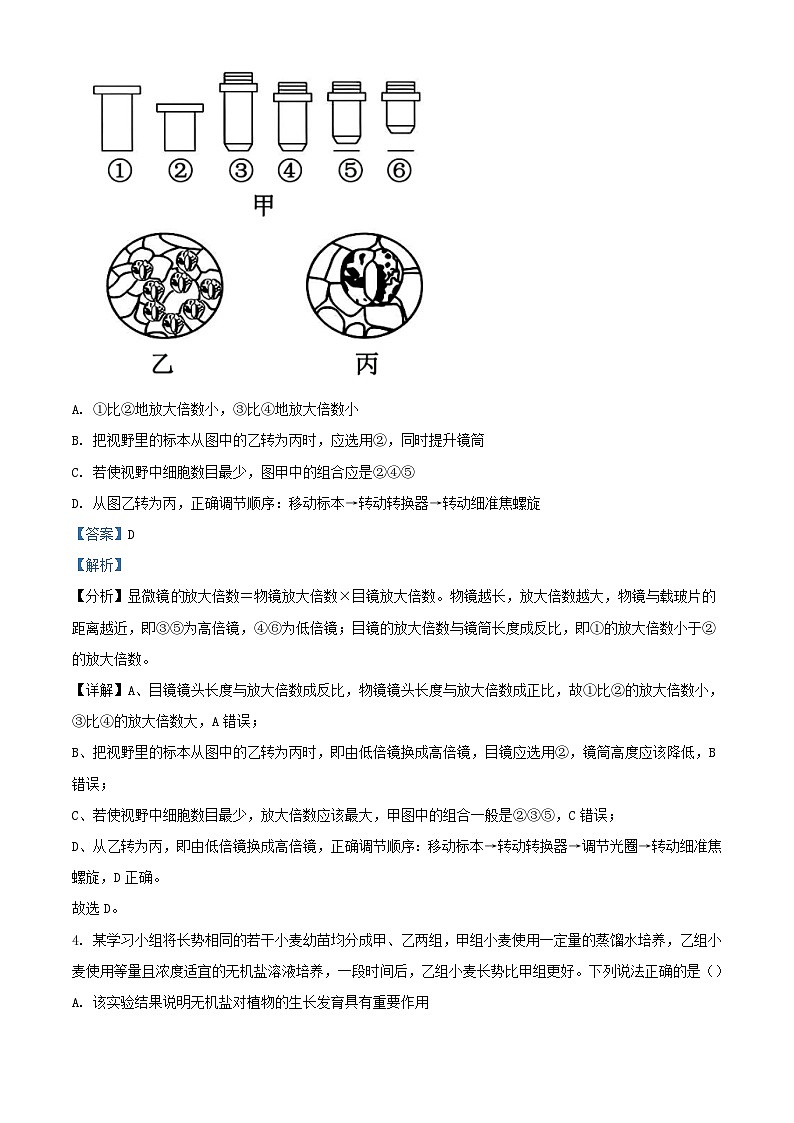 江西省上饶市2023_2024学年高一生物上学期期中试题含解析第3页