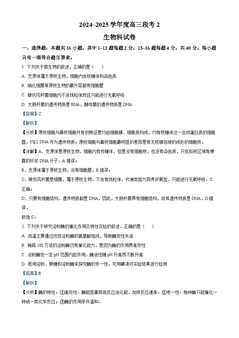 广东省揭阳市2024-2025学年高三上学期9月月考生物试题（Word版附解析）01